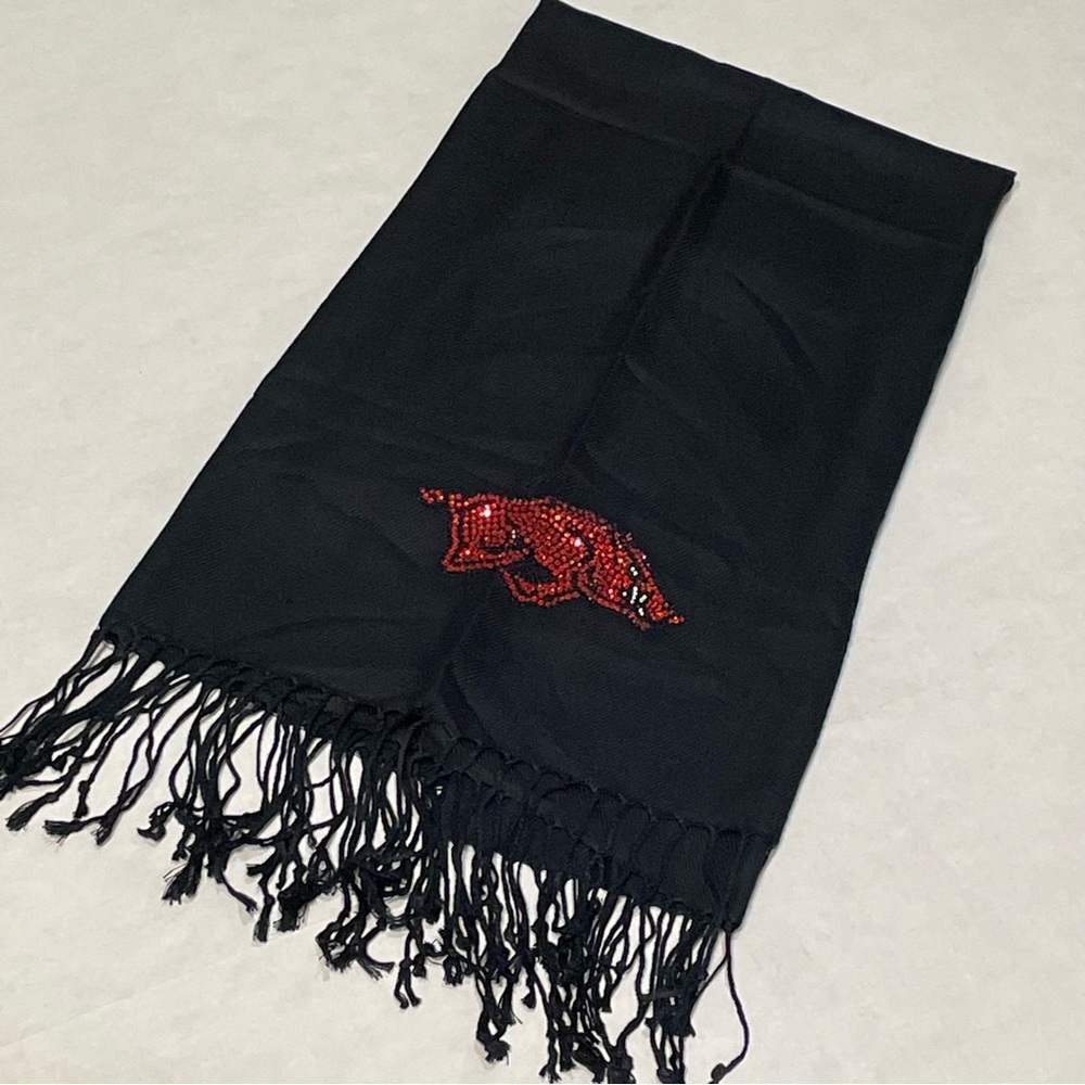 University Of Arkansas Razorbacks Women Black Scarf Rhinestone Logo NCAA ~68x28”